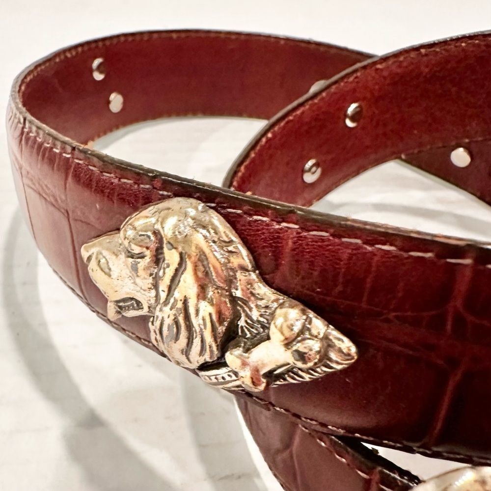 Talbots Burgundy Croc-Embossed Leather Belt with Silver Dog Head Accents - Picture 7 of 7